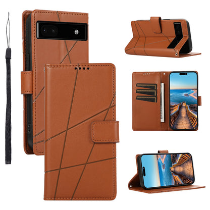 Google Pixel 6a PU Genuine Leather Texture Embossed Line Phone Case with Card Wallet, Kickstand & Wrist Strap
