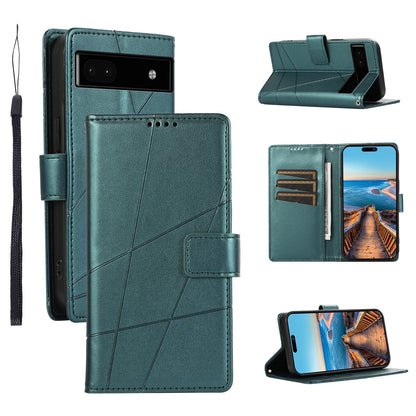 Google Pixel 6a PU Genuine Leather Texture Embossed Line Phone Case with Card Wallet, Kickstand & Wrist Strap