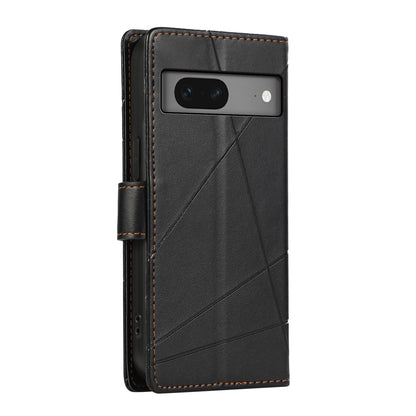 Google Pixel 7 PU Genuine Leather Texture Embossed Line Phone Case with Card Wallet, Kickstand & Wrist Strap