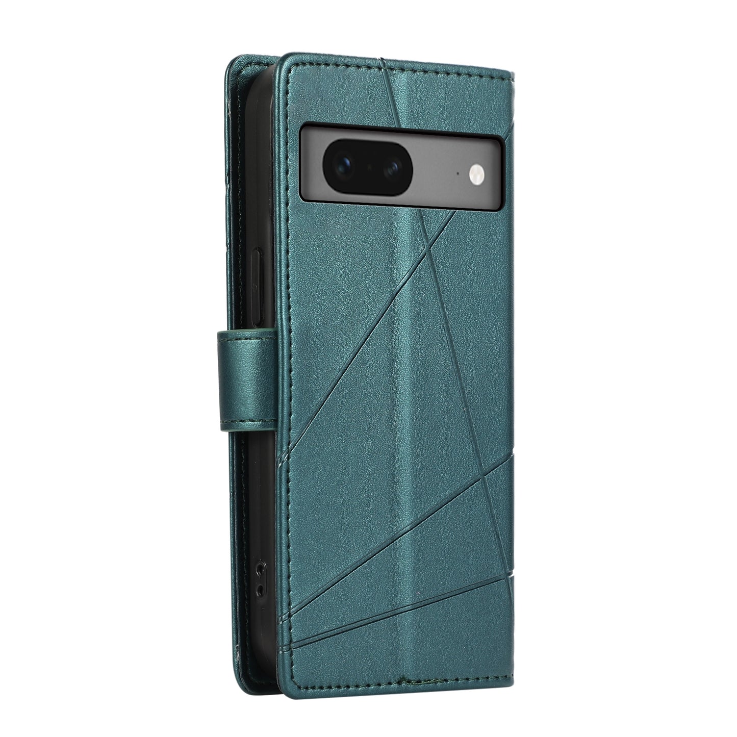 Google Pixel 7 PU Genuine Leather Texture Embossed Line Phone Case with Card Wallet, Kickstand & Wrist Strap