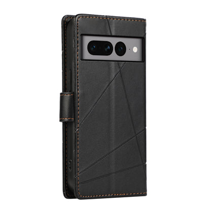 Google Pixel 7 Pro PU Genuine Leather Texture Embossed Line Phone Case with Card Wallet, Kickstand & Wrist Strap