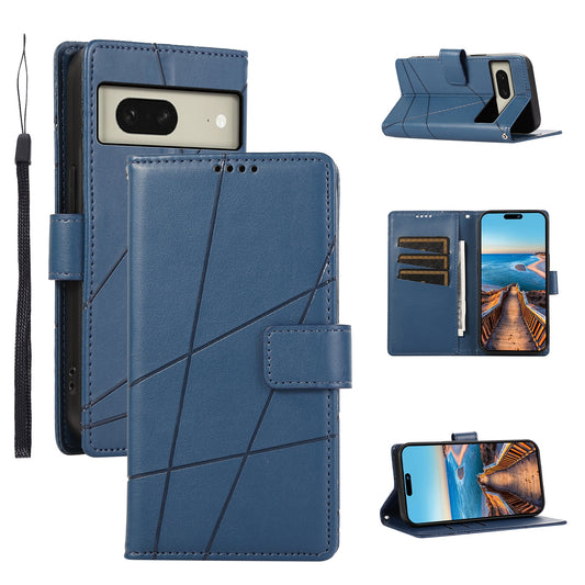 Google Pixel 8 PU Genuine Leather Texture Embossed Line Phone Case with Card Wallet, Kickstand & Wrist Strap