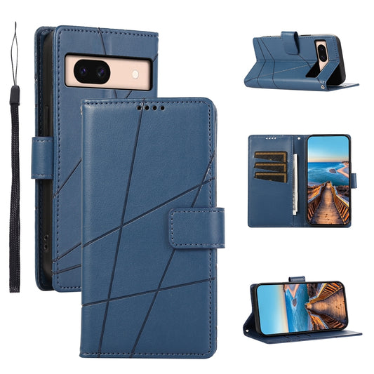 Google Pixel 8a PU Genuine Leather Texture Embossed Line Phone Case with Card Wallet, Kickstand & Wrist Strap