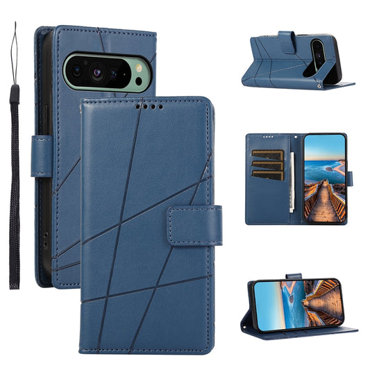 Google Pixel 9 PU Genuine Leather Texture Embossed Line Phone Case with Card Wallet, Kickstand & Wrist Strap