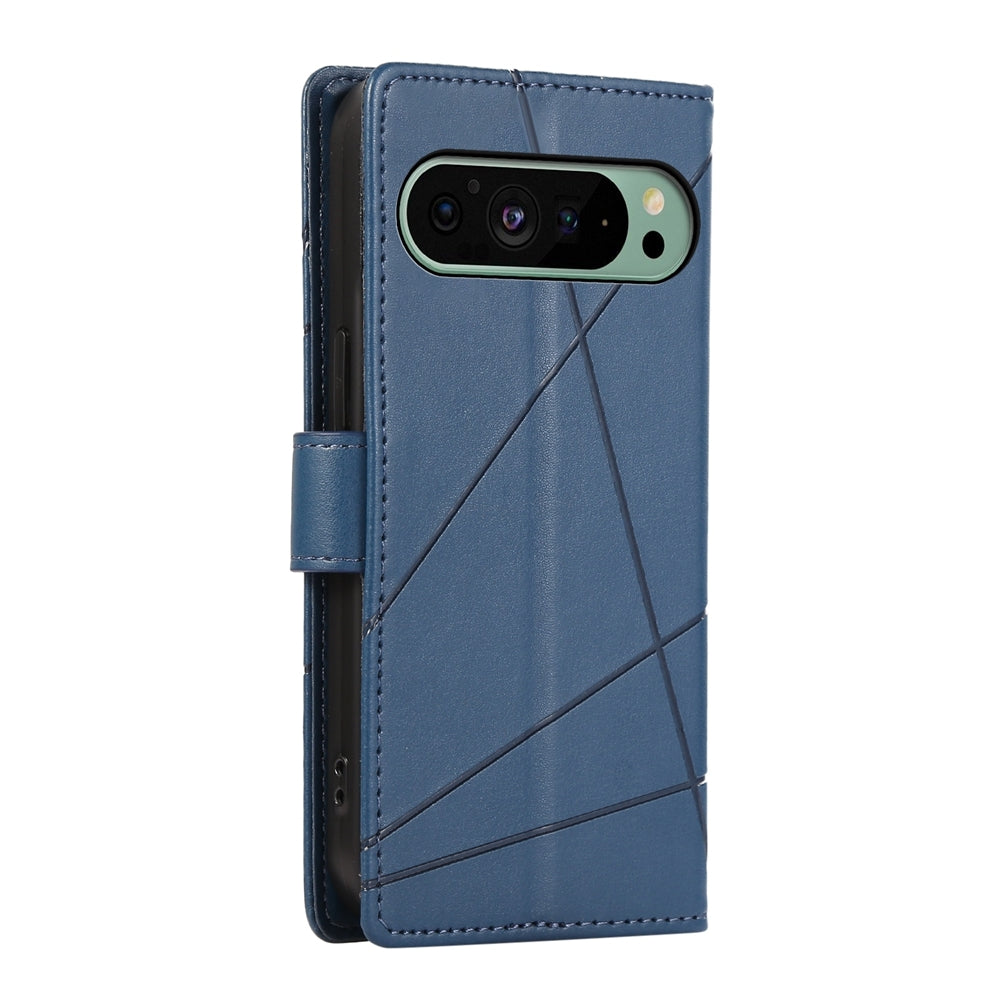 Google Pixel 9 PU Genuine Leather Texture Embossed Line Phone Case with Card Wallet, Kickstand & Wrist Strap