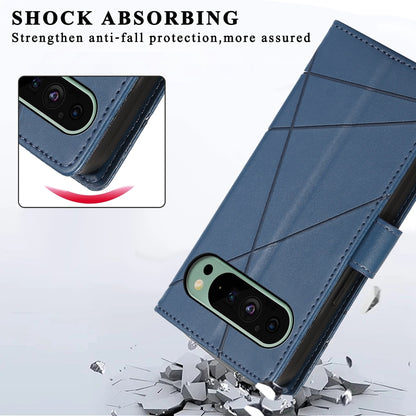 Google Pixel 9 PU Genuine Leather Texture Embossed Line Phone Case with Card Wallet, Kickstand & Wrist Strap