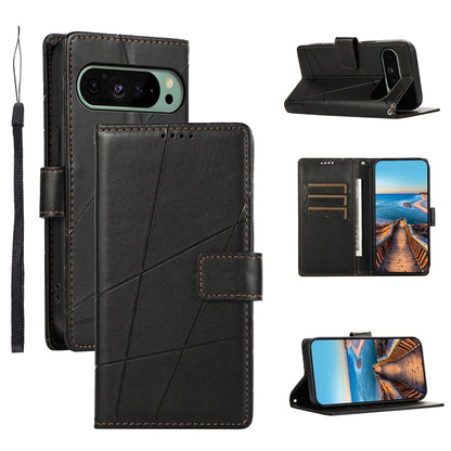 Google Pixel 9 PU Genuine Leather Texture Embossed Line Phone Case with Card Wallet, Kickstand & Wrist Strap