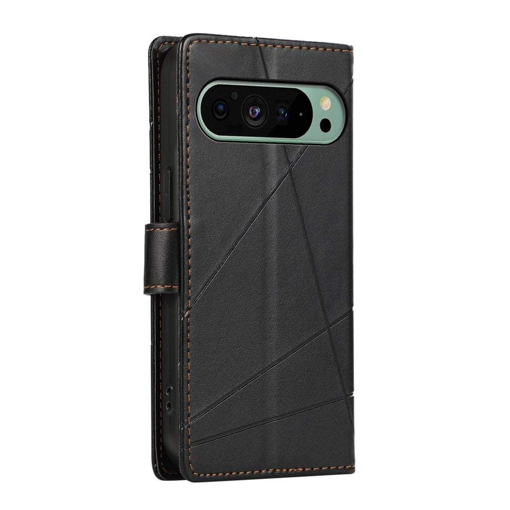Google Pixel 9 PU Genuine Leather Texture Embossed Line Phone Case with Card Wallet, Kickstand & Wrist Strap
