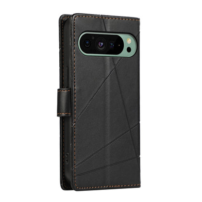 Google Pixel 9 PU Genuine Leather Texture Embossed Line Phone Case with Card Wallet, Kickstand & Wrist Strap