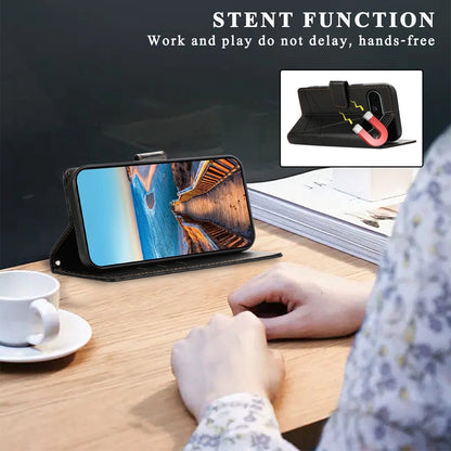 Google Pixel 9 PU Genuine Leather Texture Embossed Line Phone Case with Card Wallet, Kickstand & Wrist Strap