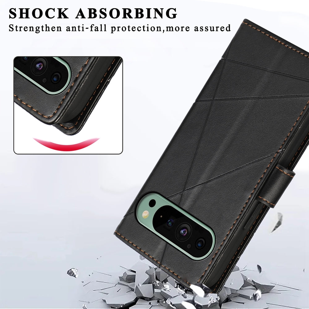 Google Pixel 9 PU Genuine Leather Texture Embossed Line Phone Case with Card Wallet, Kickstand & Wrist Strap