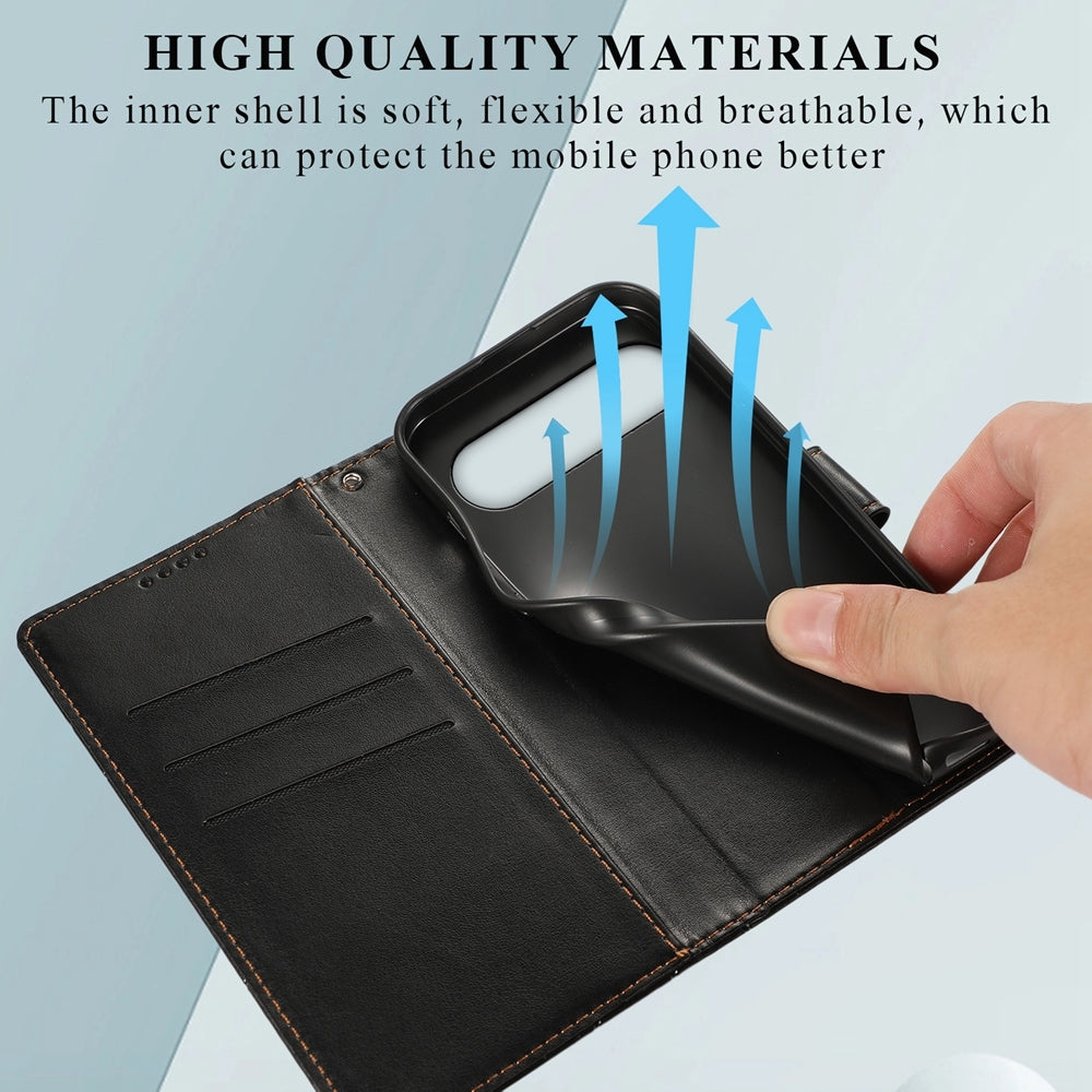 Google Pixel 9 PU Genuine Leather Texture Embossed Line Phone Case with Card Wallet, Kickstand & Wrist Strap