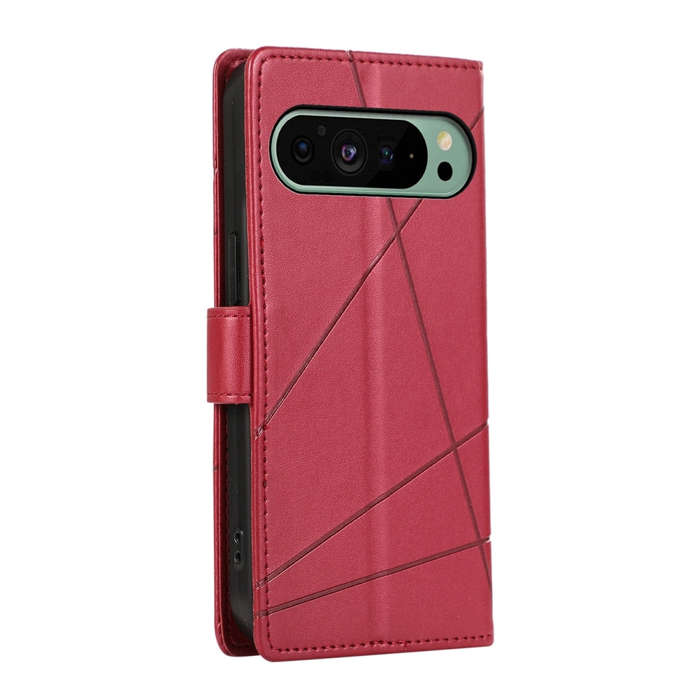 Google Pixel 9 PU Genuine Leather Texture Embossed Line Phone Case with Card Wallet, Kickstand & Wrist Strap