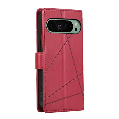 Google Pixel 9 PU Genuine Leather Texture Embossed Line Phone Case with Card Wallet, Kickstand & Wrist Strap