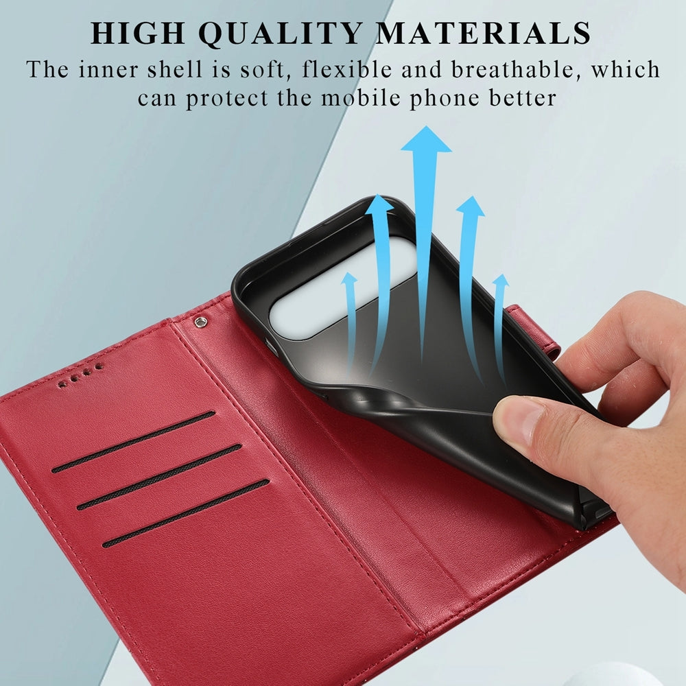 Google Pixel 9 PU Genuine Leather Texture Embossed Line Phone Case with Card Wallet, Kickstand & Wrist Strap