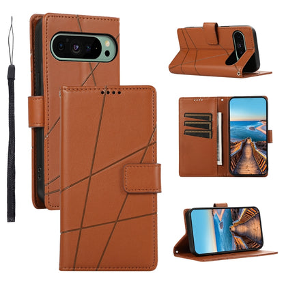 Google Pixel 9 PU Genuine Leather Texture Embossed Line Phone Case with Card Wallet, Kickstand & Wrist Strap