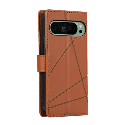 Google Pixel 9 PU Genuine Leather Texture Embossed Line Phone Case with Card Wallet, Kickstand & Wrist Strap