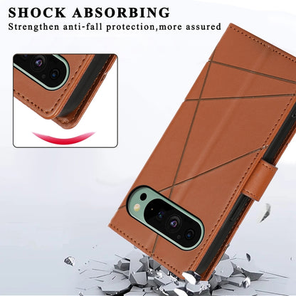 Google Pixel 9 PU Genuine Leather Texture Embossed Line Phone Case with Card Wallet, Kickstand & Wrist Strap