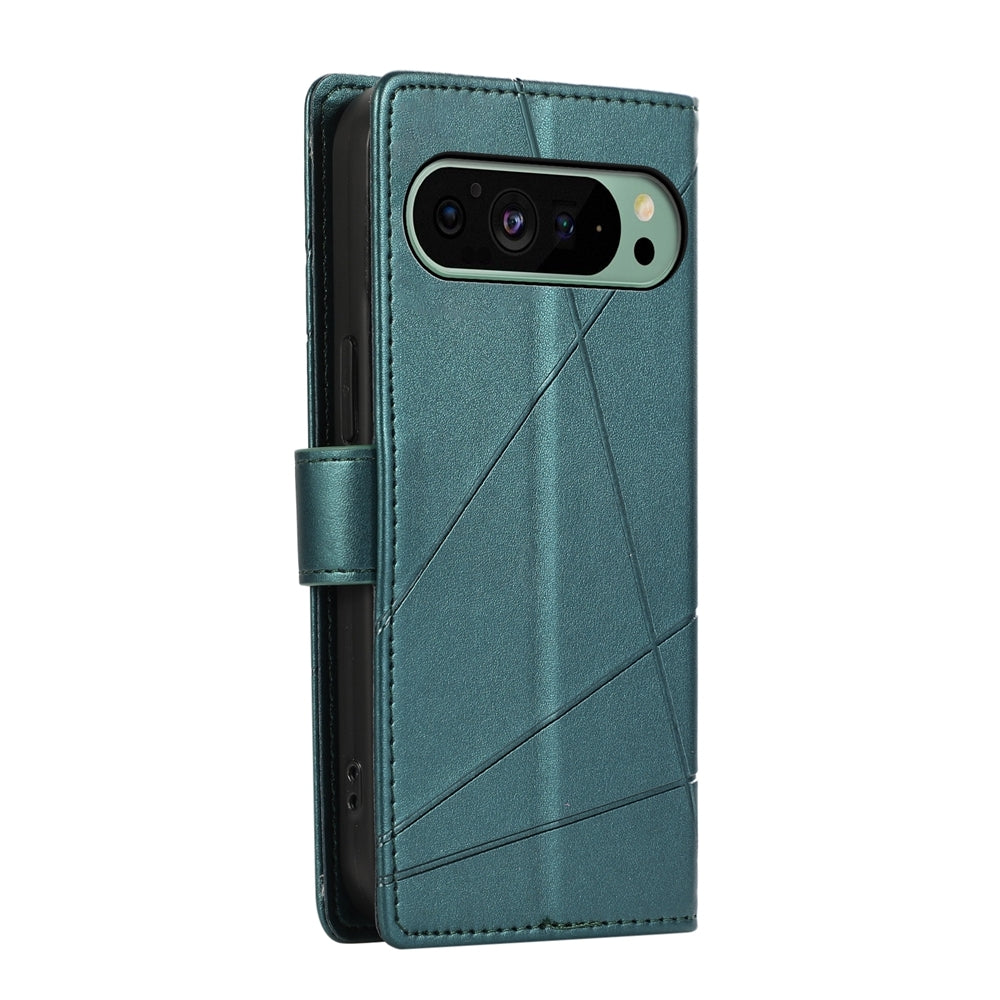 Google Pixel 9 PU Genuine Leather Texture Embossed Line Phone Case with Card Wallet, Kickstand & Wrist Strap