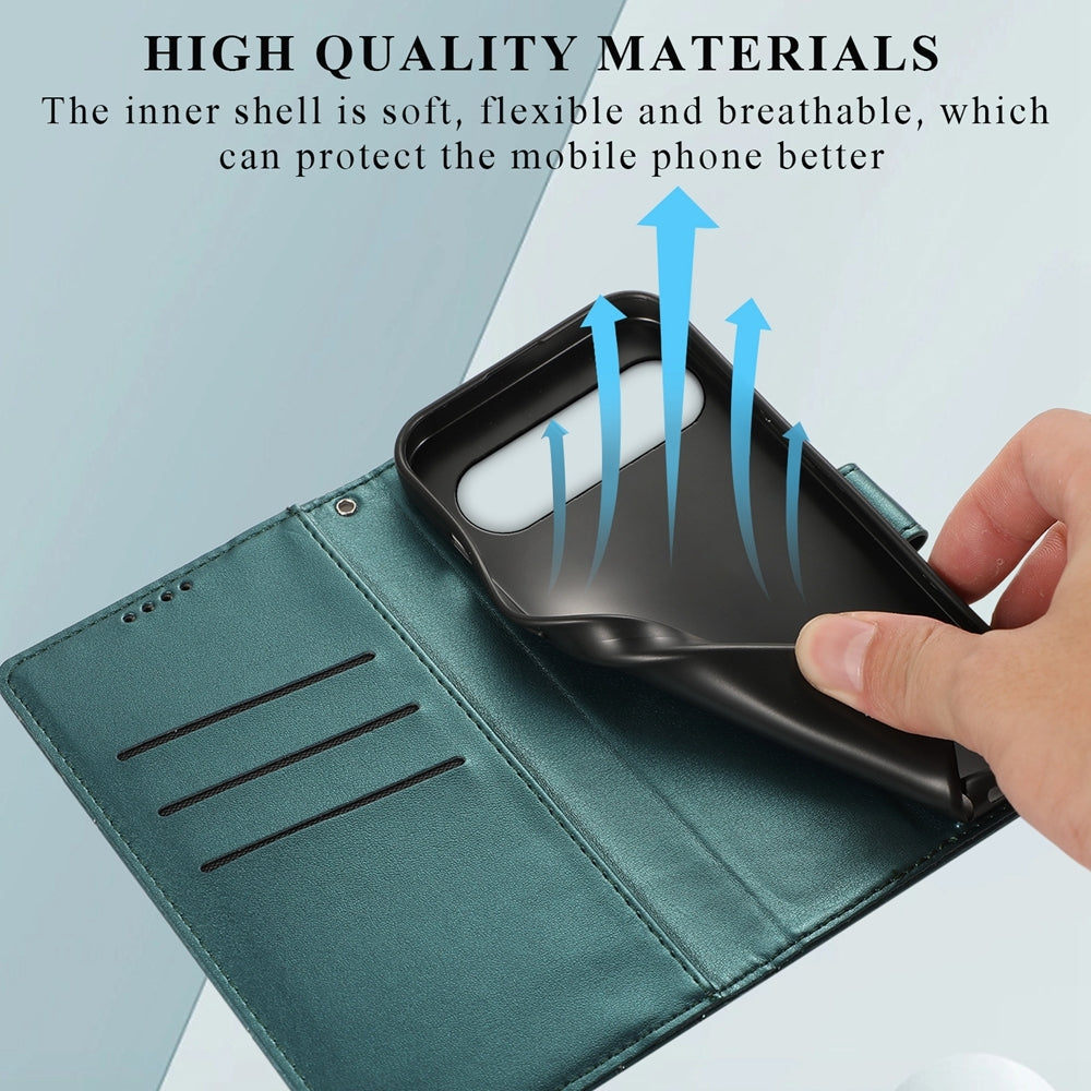 Google Pixel 9 PU Genuine Leather Texture Embossed Line Phone Case with Card Wallet, Kickstand & Wrist Strap