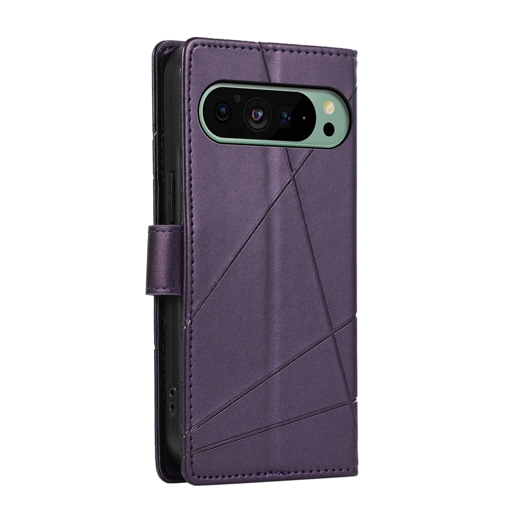 Google Pixel 9 PU Genuine Leather Texture Embossed Line Phone Case with Card Wallet, Kickstand & Wrist Strap