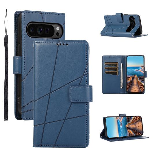 Google Pixel 9 Pro PU Genuine Leather Texture Embossed Line Phone Case with Card Wallet, Kickstand & Wrist Strap