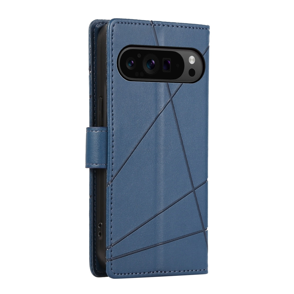 Google Pixel 9 Pro PU Genuine Leather Texture Embossed Line Phone Case with Card Wallet, Kickstand & Wrist Strap