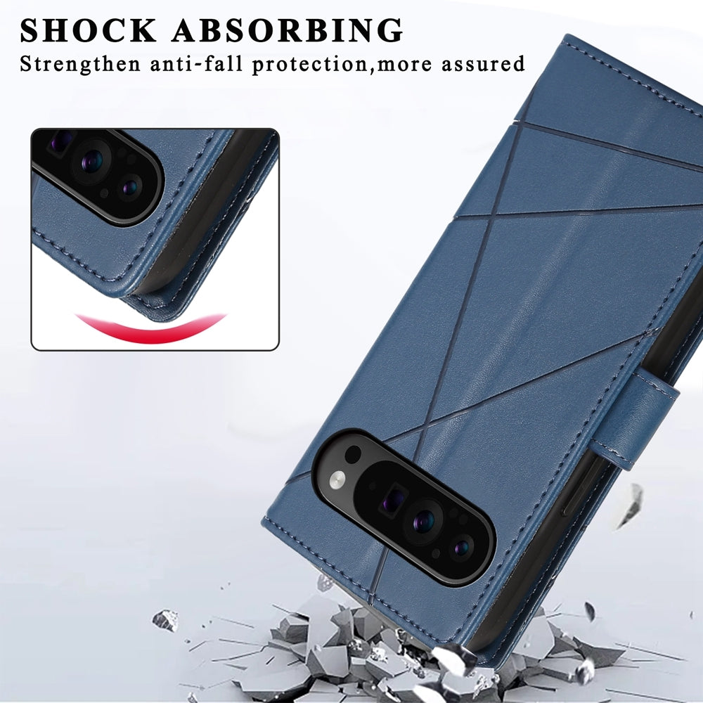 Google Pixel 9 Pro PU Genuine Leather Texture Embossed Line Phone Case with Card Wallet, Kickstand & Wrist Strap