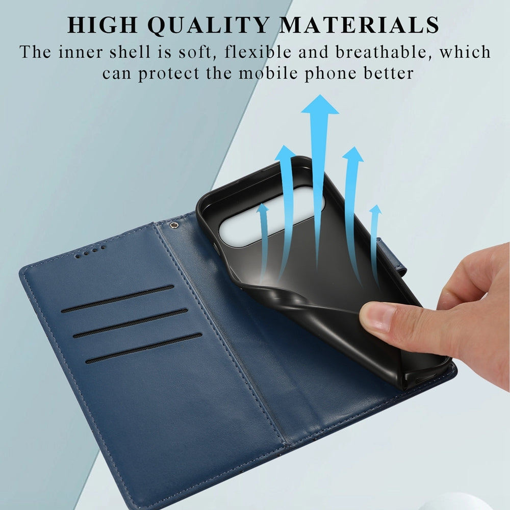 Google Pixel 9 Pro PU Genuine Leather Texture Embossed Line Phone Case with Card Wallet, Kickstand & Wrist Strap