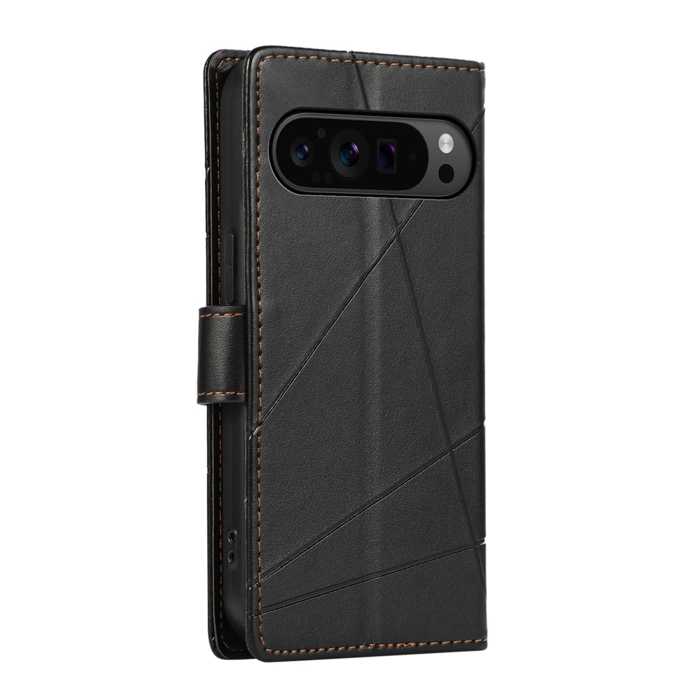 Google Pixel 9 Pro PU Genuine Leather Texture Embossed Line Phone Case with Card Wallet, Kickstand & Wrist Strap