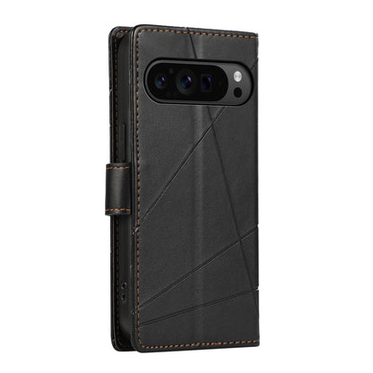 Google Pixel 9 Pro PU Genuine Leather Texture Embossed Line Phone Case with Card Wallet, Kickstand & Wrist Strap