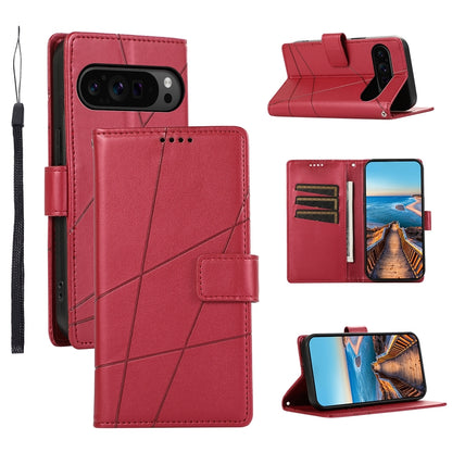 Google Pixel 9 Pro PU Genuine Leather Texture Embossed Line Phone Case with Card Wallet, Kickstand & Wrist Strap