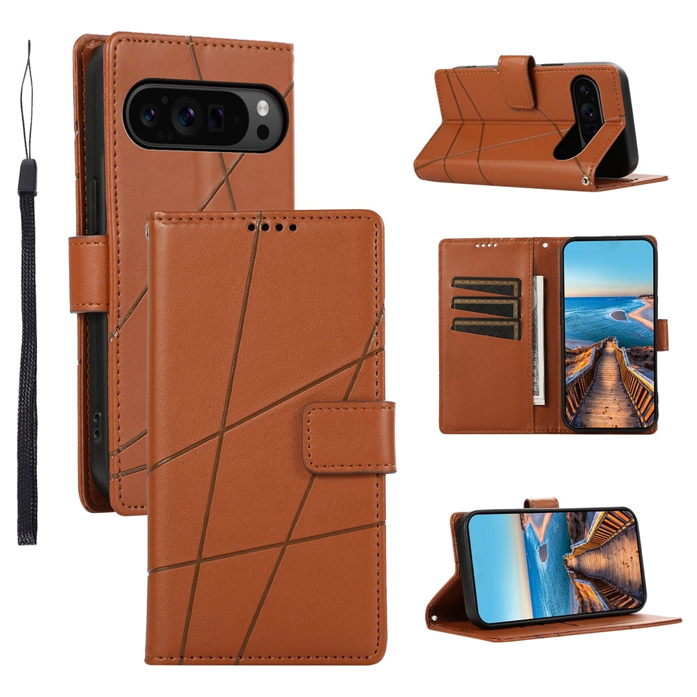 Google Pixel 9 Pro PU Genuine Leather Texture Embossed Line Phone Case with Card Wallet, Kickstand & Wrist Strap