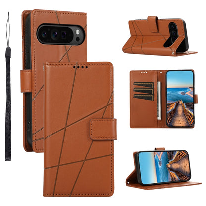 Google Pixel 9 Pro PU Genuine Leather Texture Embossed Line Phone Case with Card Wallet, Kickstand & Wrist Strap