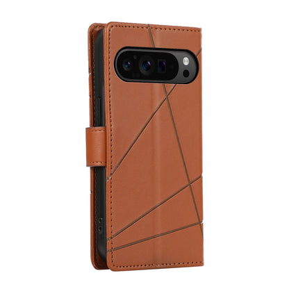 Google Pixel 9 Pro PU Genuine Leather Texture Embossed Line Phone Case with Card Wallet, Kickstand & Wrist Strap