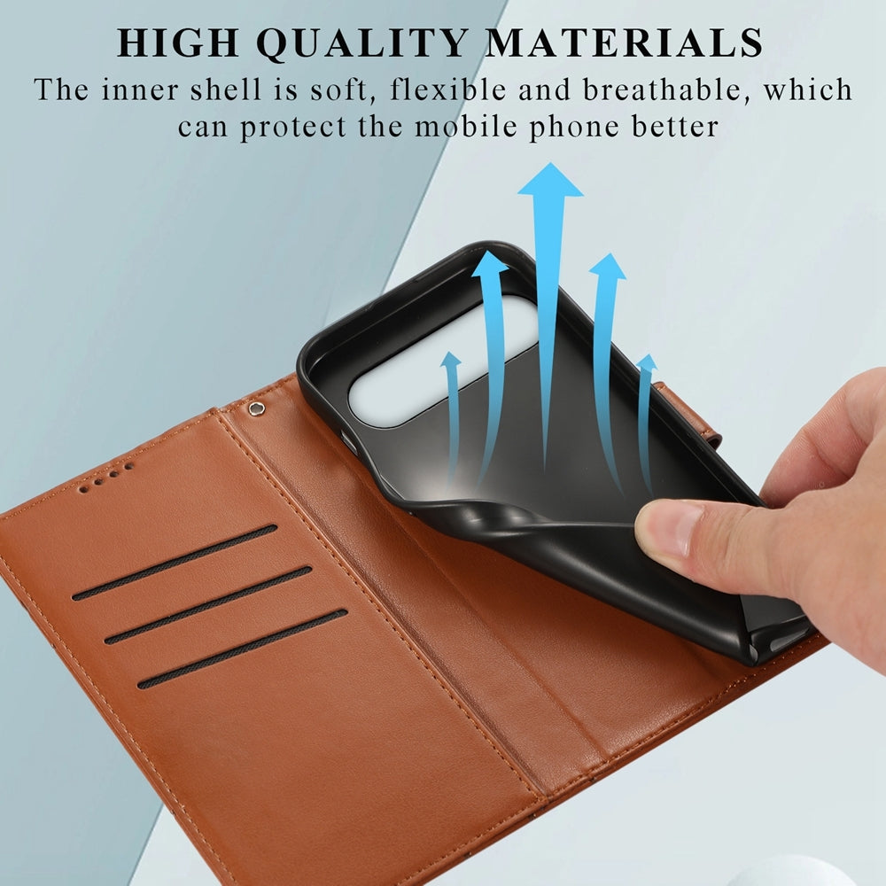 Google Pixel 9 Pro PU Genuine Leather Texture Embossed Line Phone Case with Card Wallet, Kickstand & Wrist Strap