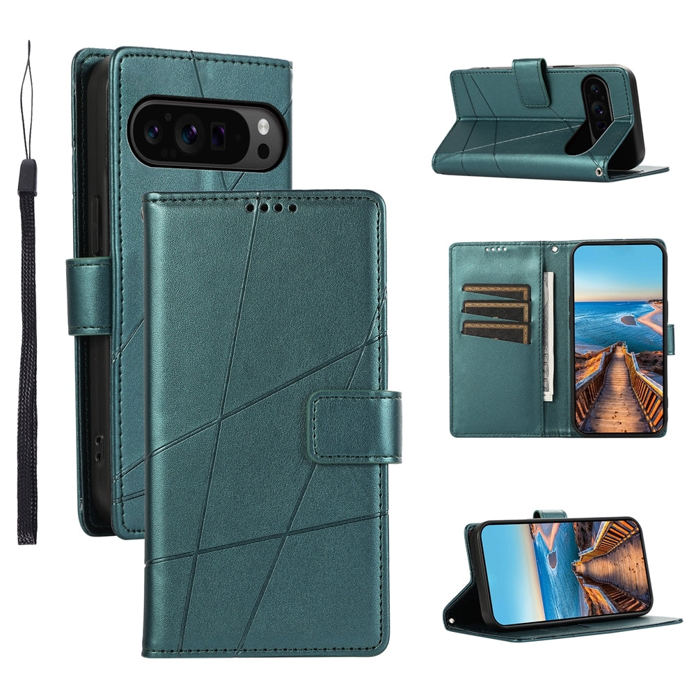 Google Pixel 9 Pro PU Genuine Leather Texture Embossed Line Phone Case with Card Wallet, Kickstand & Wrist Strap