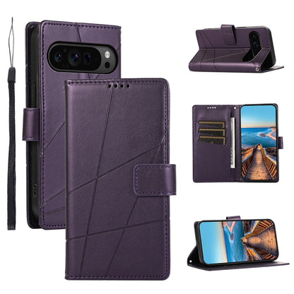 Google Pixel 9 Pro PU Genuine Leather Texture Embossed Line Phone Case with Card Wallet, Kickstand & Wrist Strap