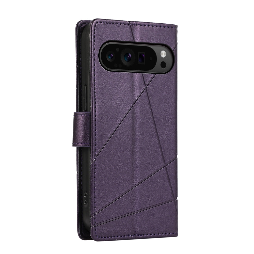 Google Pixel 9 Pro PU Genuine Leather Texture Embossed Line Phone Case with Card Wallet, Kickstand & Wrist Strap