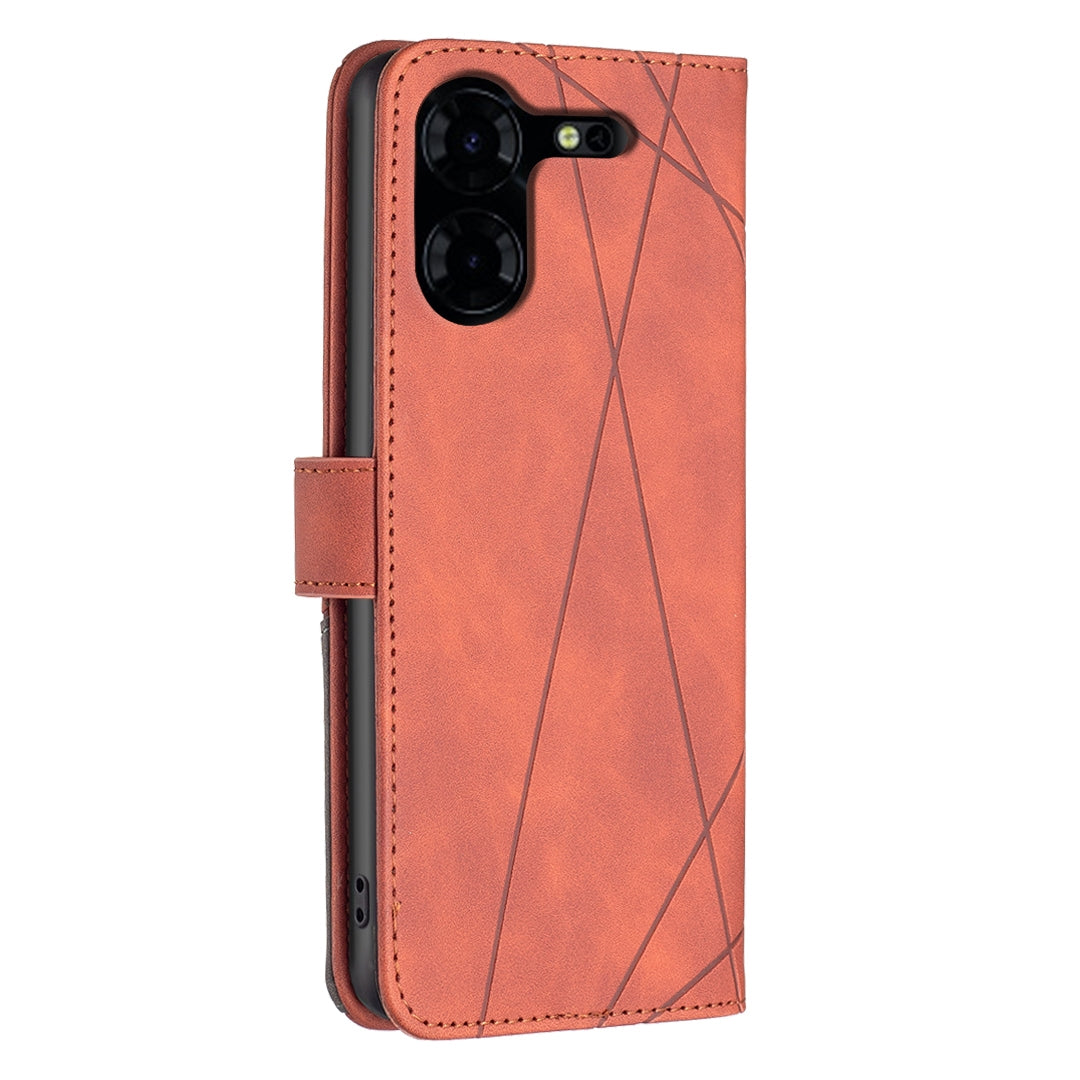 Tecno Pova 5 Pro 5G Wallet Case – Rhombus Texture PU Leather, Magnetic Buckle, Card Slots, Stand Function, Shockproof Protective Cover