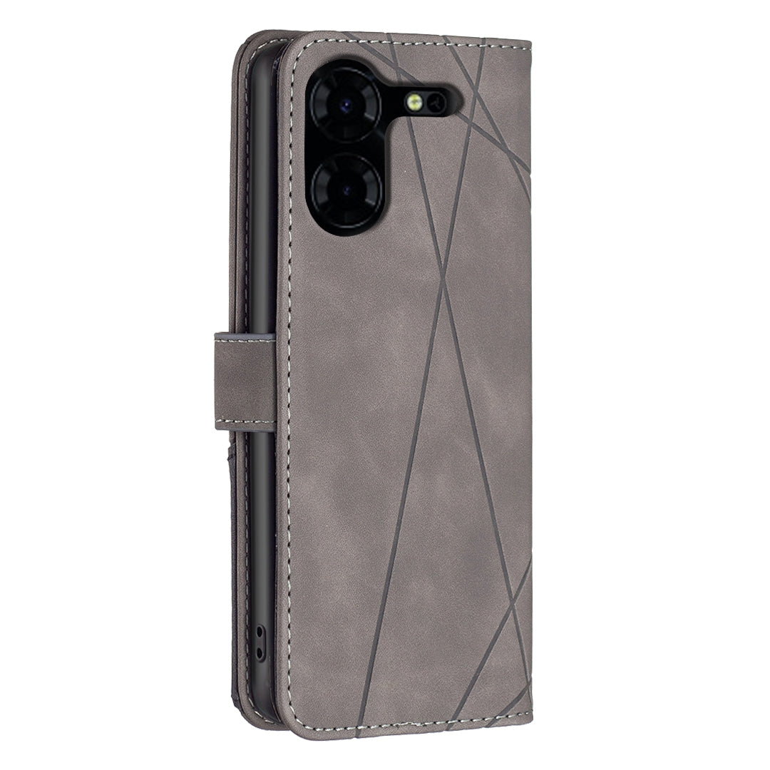 Tecno Pova 5 Pro 5G Wallet Case – Rhombus Texture PU Leather, Magnetic Buckle, Card Slots, Stand Function, Shockproof Protective Cover