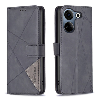 Tecno Camon 20 Wallet Case – Rhombus Texture PU Leather, Magnetic Buckle, Card Slots, Stand Function, Shockproof Protective Cover