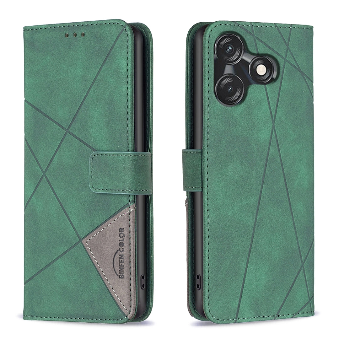 Tecno Spark 10C Wallet Case – Rhombus Texture PU Leather, Magnetic Buckle, Card Slots, Stand Function, Shockproof Protective Cover
