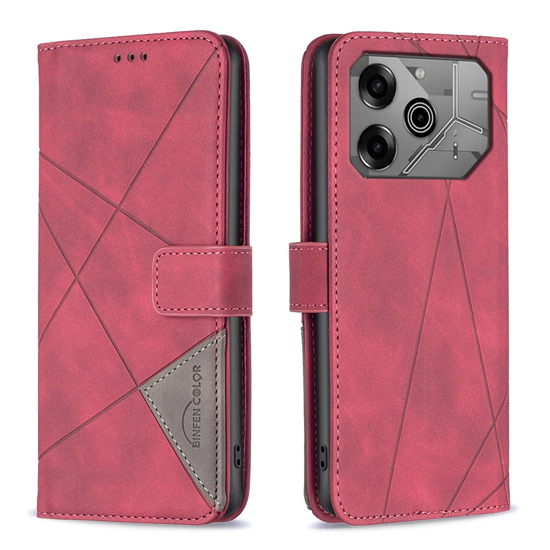 Tecno Pova 6 Wallet Case – Rhombus Texture PU Leather, Magnetic Buckle, Card Slots, Stand Function, Shockproof Protective Cover