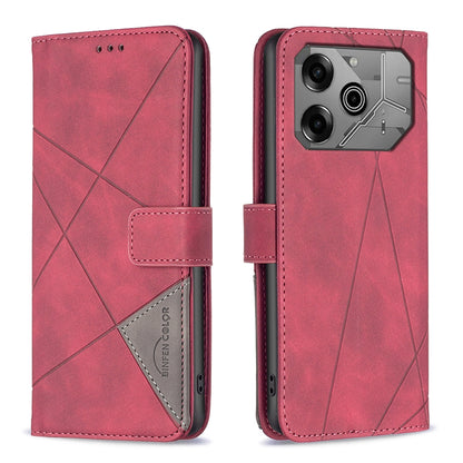 Tecno Pova 6 Wallet Case – Rhombus Texture PU Leather, Magnetic Buckle, Card Slots, Stand Function, Shockproof Protective Cover
