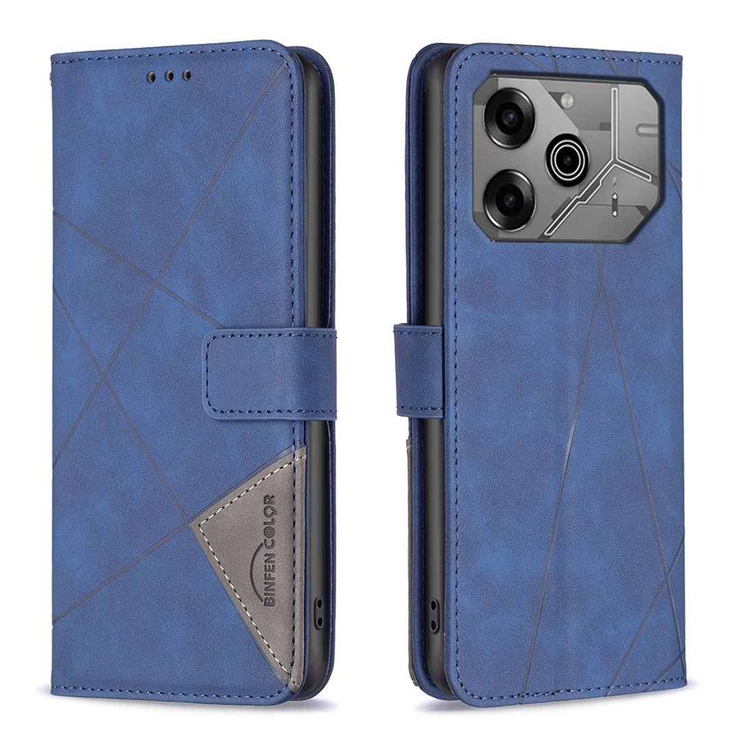 Tecno Pova 6 Wallet Case – Rhombus Texture PU Leather, Magnetic Buckle, Card Slots, Stand Function, Shockproof Protective Cover