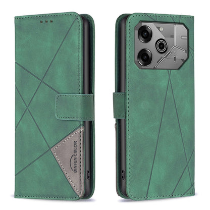 Tecno Pova 6 Wallet Case – Rhombus Texture PU Leather, Magnetic Buckle, Card Slots, Stand Function, Shockproof Protective Cover