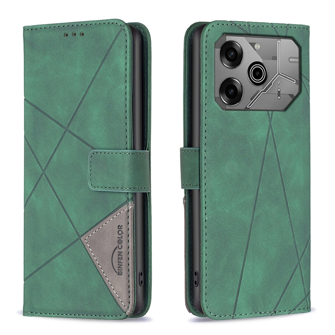 Tecno Pova 6 Pro 5G Wallet Case – Rhombus Texture PU Leather, Magnetic Buckle, Card Slots, Stand Function, Shockproof Protective Cover