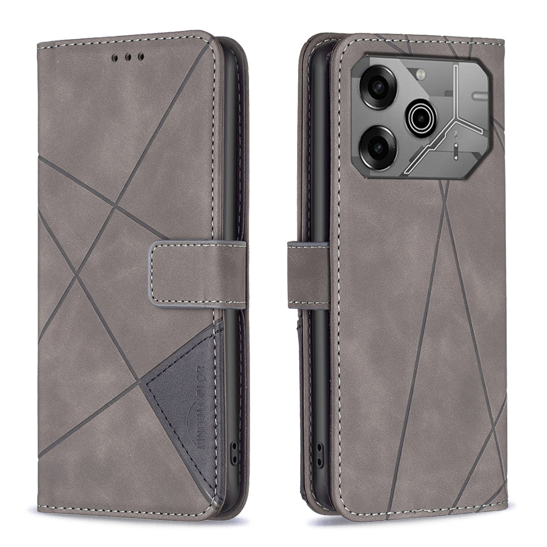 Tecno Pova 6 Wallet Case – Rhombus Texture PU Leather, Magnetic Buckle, Card Slots, Stand Function, Shockproof Protective Cover