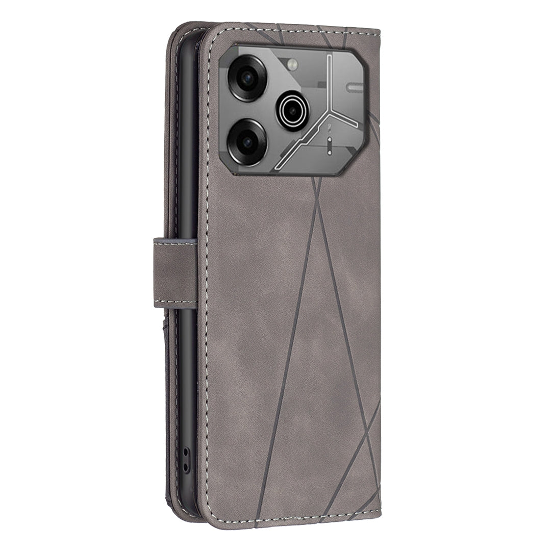 Tecno Pova 6 Wallet Case – Rhombus Texture PU Leather, Magnetic Buckle, Card Slots, Stand Function, Shockproof Protective Cover
